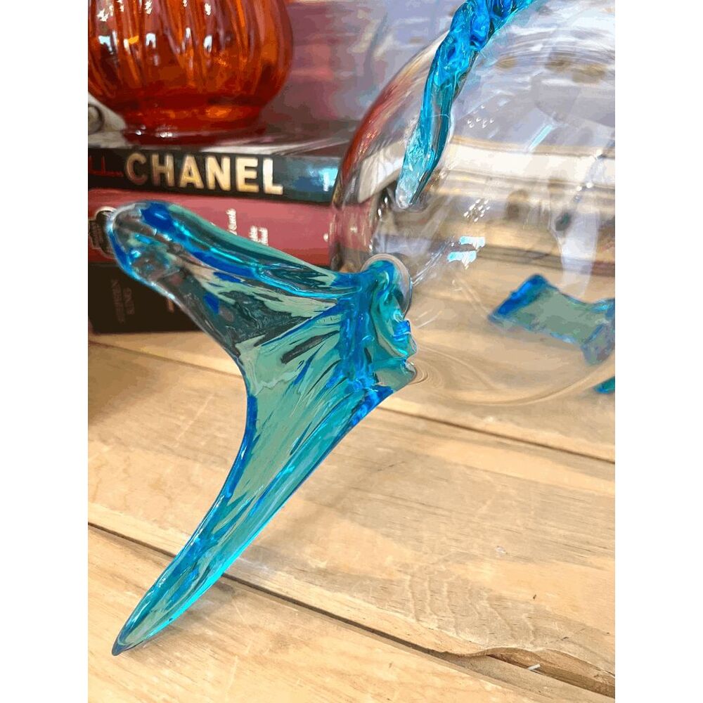 Vintage Blenko Style Glass Fish Vase Clear Art Glass Bowl with Aqua Blue Fins - Picture 2 of 6